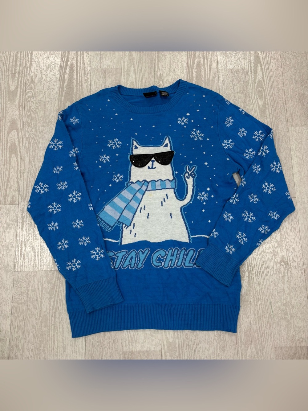 Mad Engine Stay Chill Cool Cat Christmas Ugly Sweater Blue Size Large